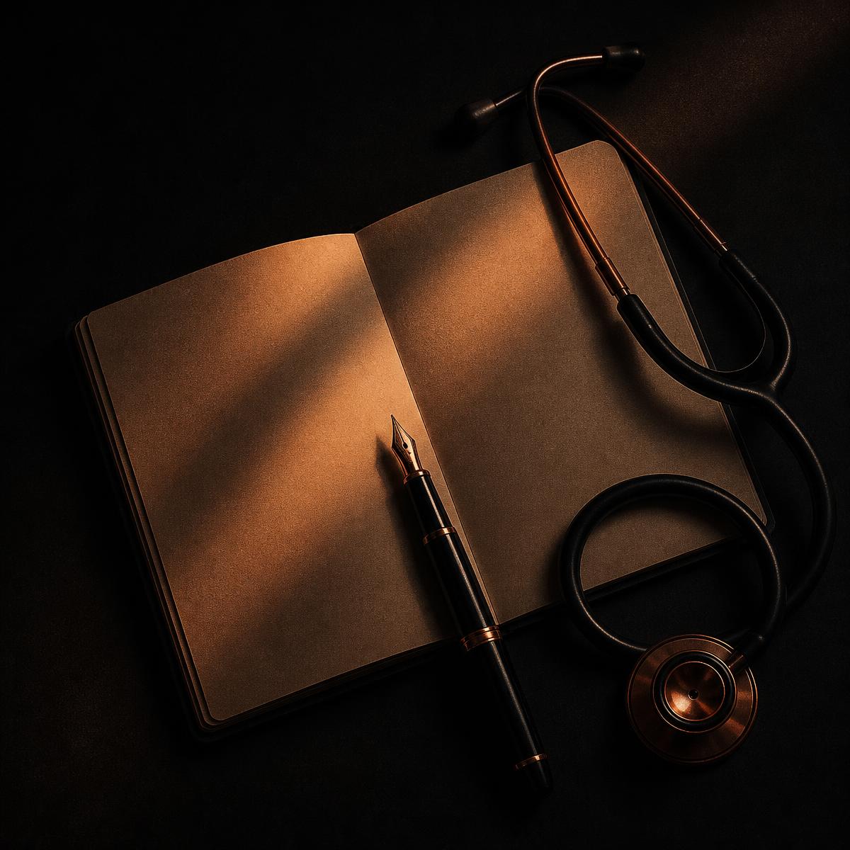Caderno, caneta e estetoscópio sobre mesa escura